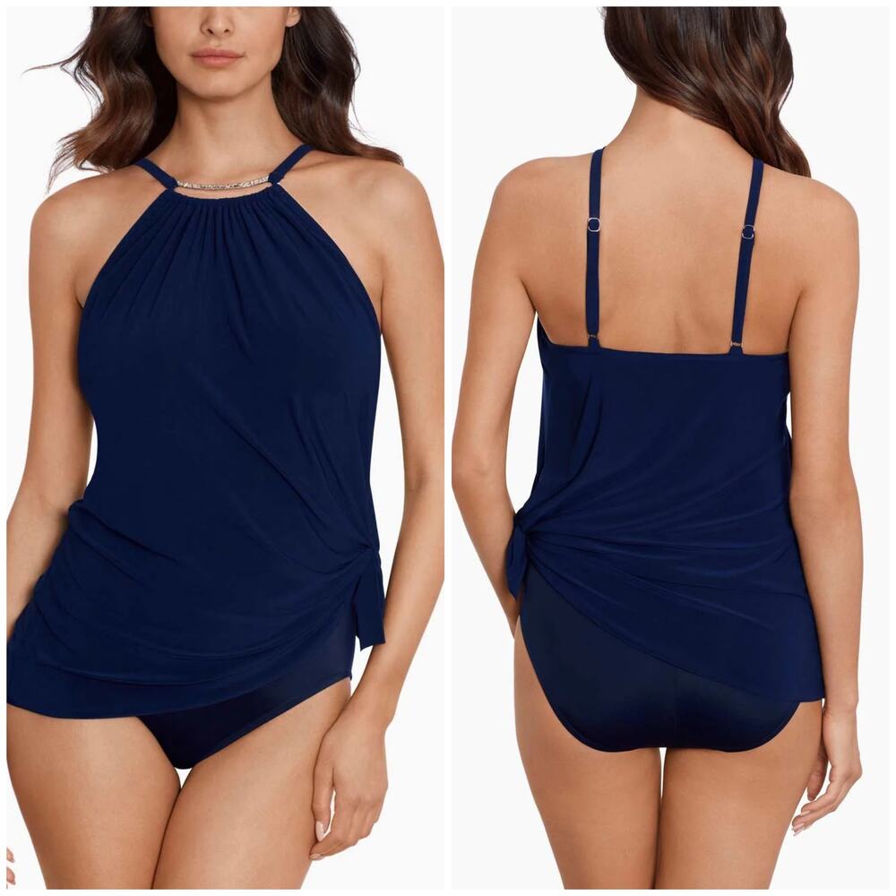 Magicsuit NWT Parker One Piece Swim Dress Navy Blue Size 16 Side Tie High Neck